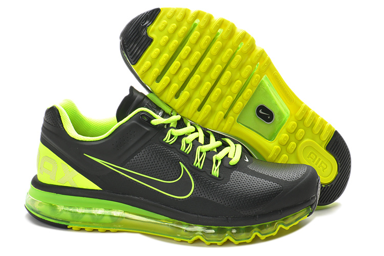 Nike Air Max 2013 Leather Black Fluorscent Green Shoes - Click Image to Close