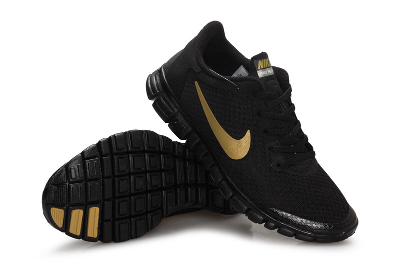 Latest Nike Free Run 3.0 All Black Gold Swoosh Shoes