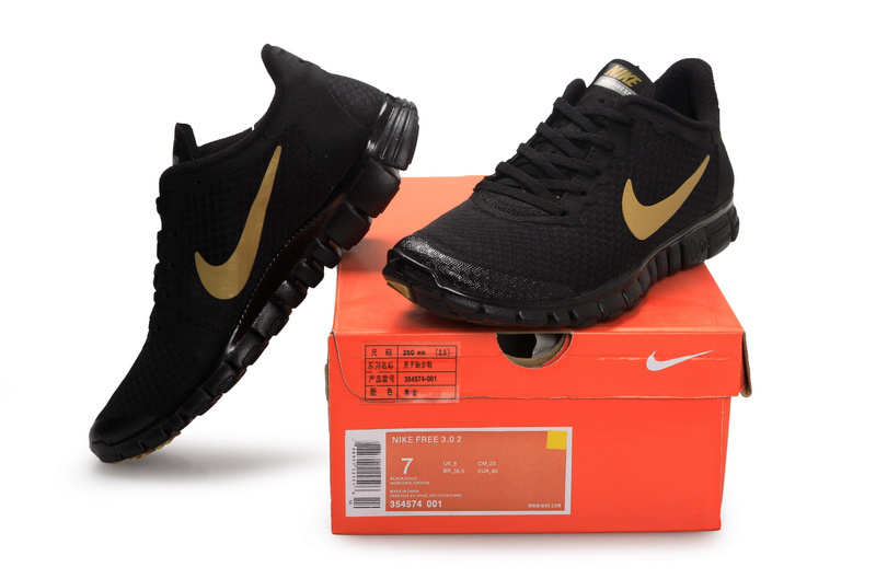 Latest Nike Free Run 3.0 All Black Gold Swoosh Shoes