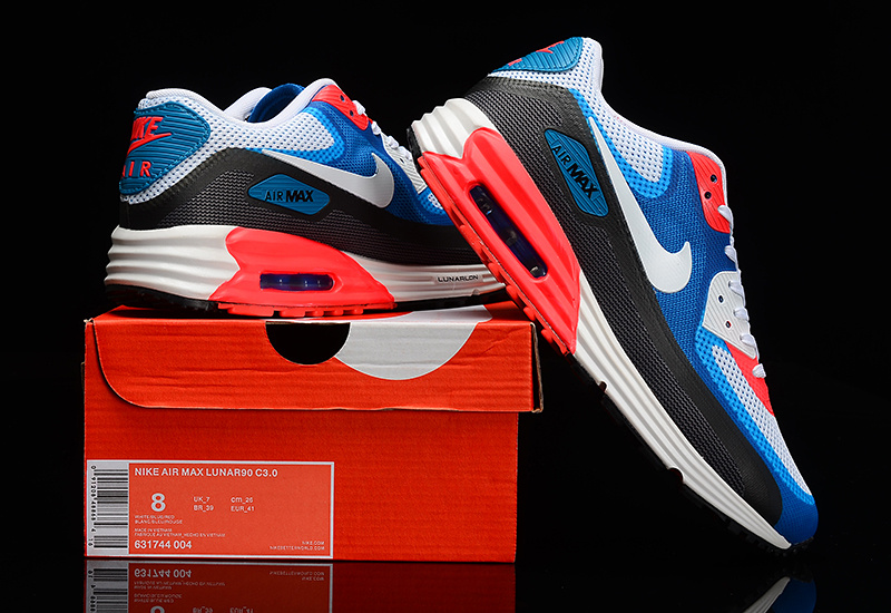 Women Nike Air Max 25 Anniversary Lunar90 C3 White Blue Black Red Shoes - Click Image to Close