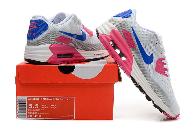 Women Nike Air Max 25 Anniversary Lunar90 C3 White Grey Pink Blue Shoes - Click Image to Close