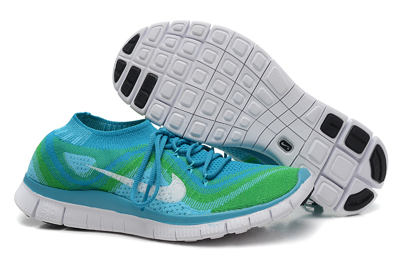 Nike Free Run 5.0 Flyknit Blue Green White Running Shoes - Click Image to Close
