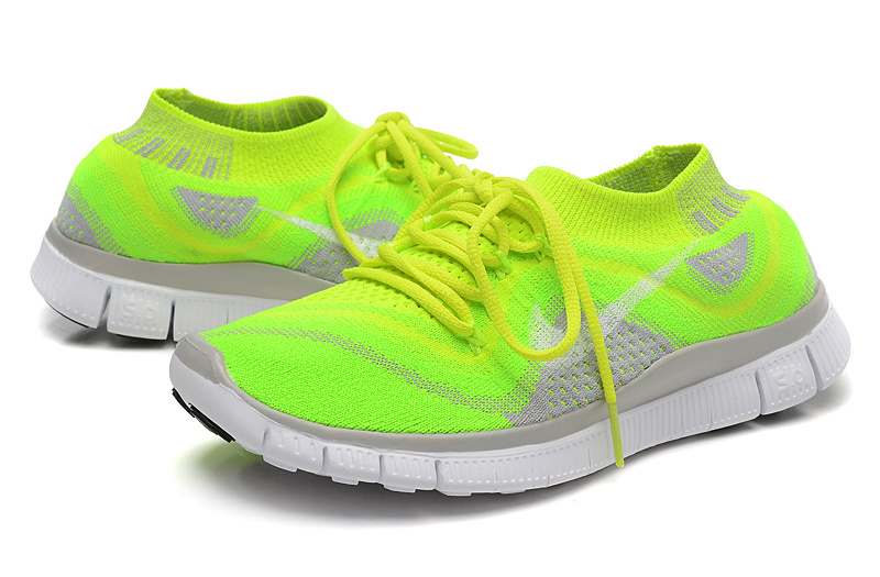 Nike Free Run 5.0 Flyknit Fluorescent Green Grey White Running Shoes - Click Image to Close