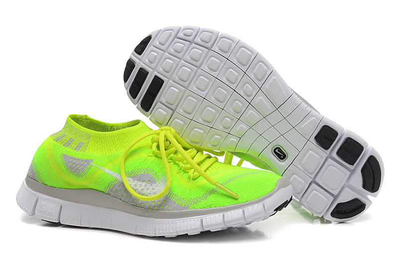 Nike Free Run 5.0 Flyknit Fluorescent Green Grey White Running Shoes - Click Image to Close