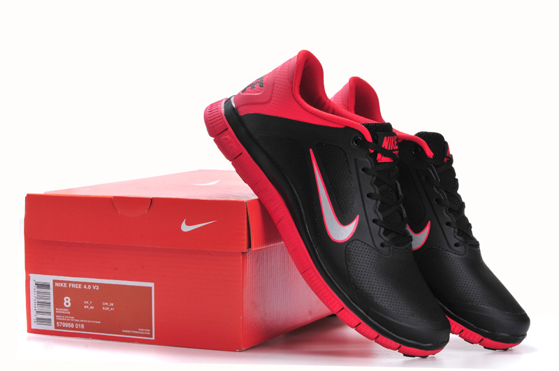 Nike Free Run 4.0 Leather Black Red Shoes - Click Image to Close