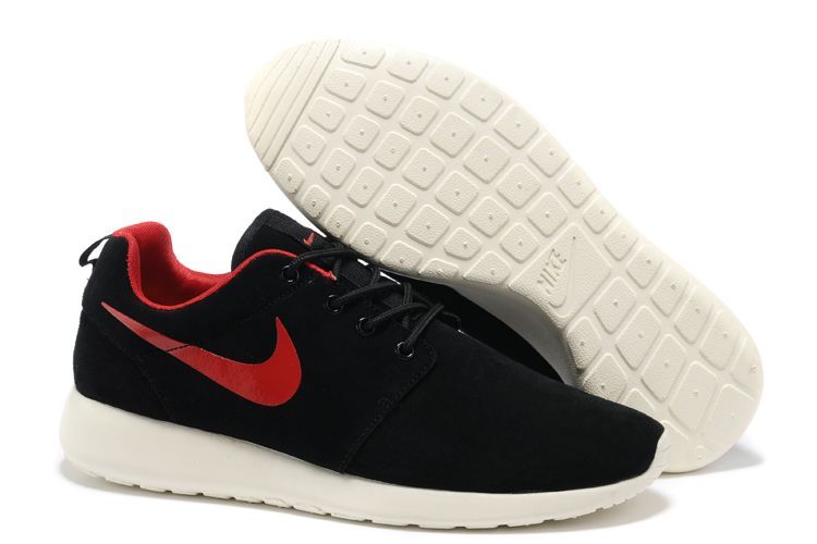 Nike Roshe Run Dark Black White Red Swoosh Shoes - Click Image to Close