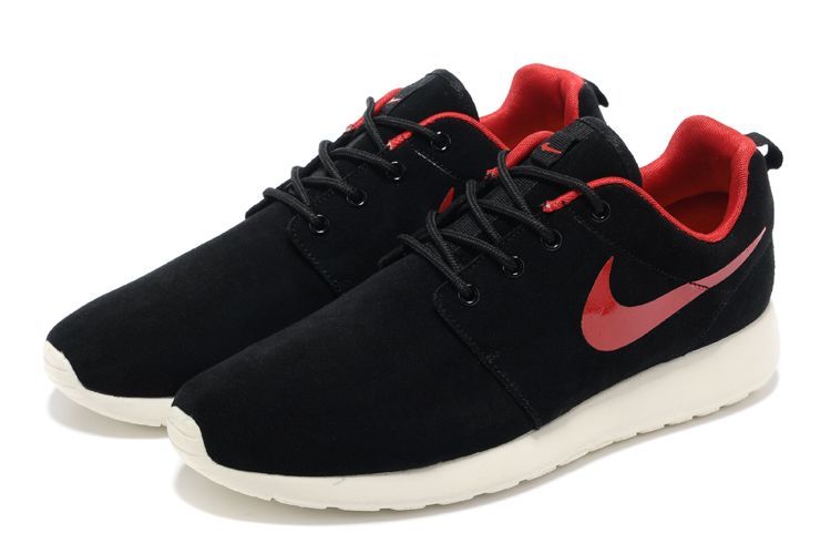 Nike Roshe Run Dark Black White Red Swoosh Shoes - Click Image to Close