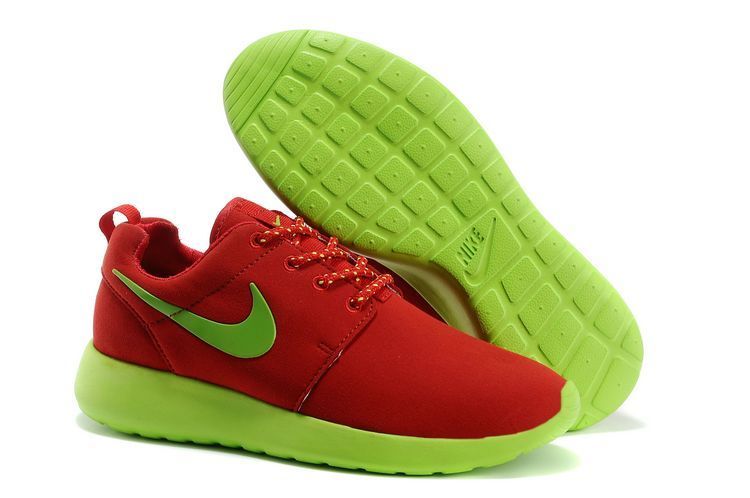 Nike Roshe Run Dark Red Fluorescent Green Swoosh Shoes - Click Image to Close