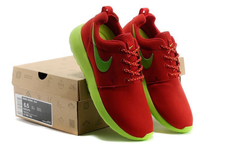 Nike Roshe Run Dark Red Fluorescent Green Swoosh Shoes