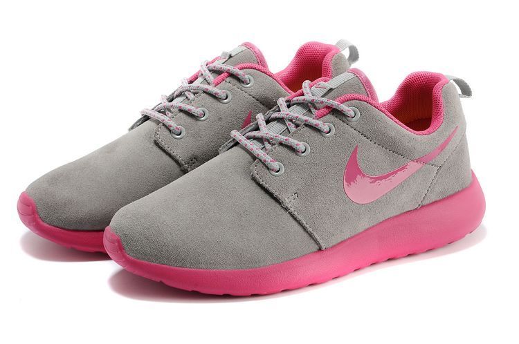 Nike Roshe Run Grey Pink Swoosh Shoes - Click Image to Close