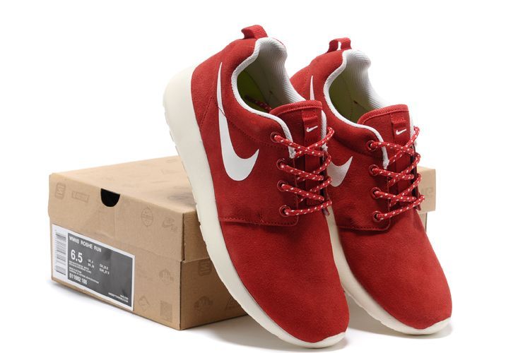 Nike Roshe Run Red White Swoosh Shoes - Click Image to Close