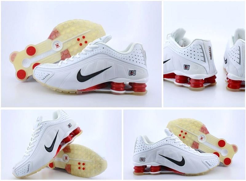 Men's Nike Shox R4 All White Red Transparent Sole Running Shoes