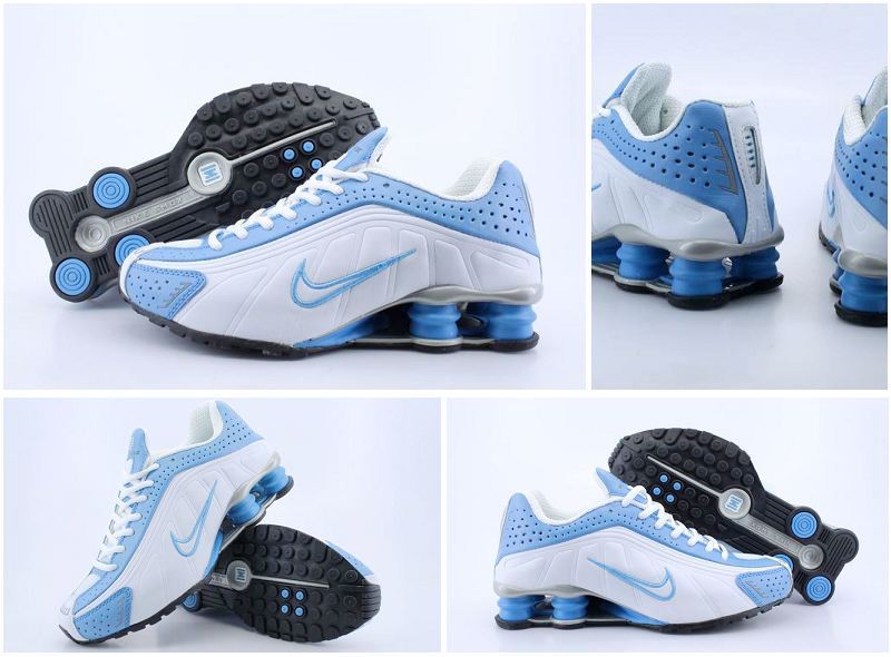 Women Nike Shox R4 White Blue Logo Shoes - Click Image to Close