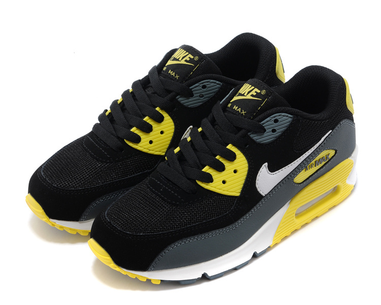 Women's Nike Air Max 90 Black Grey Yellow Shoes - Click Image to Close