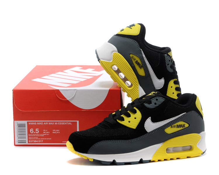 Women's Nike Air Max 90 Black Grey Yellow Shoes - Click Image to Close
