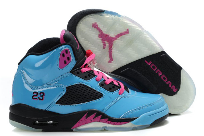 Women Jordan Shoes 5 Sky Blue Black Pink - Click Image to Close