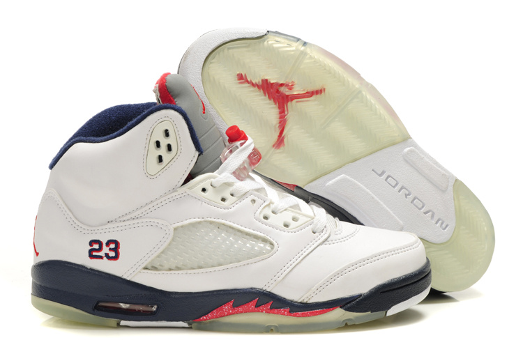 Women Jordan Shoes 5 White Navy Blue Red - Click Image to Close