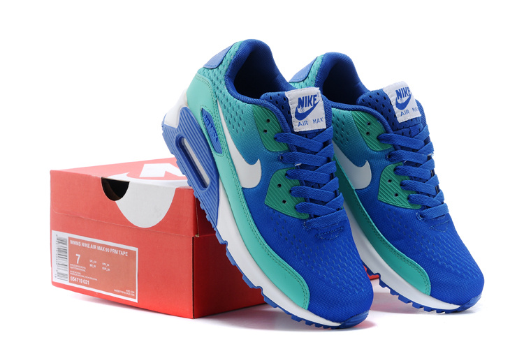 Women's Nike Air Max 90 Knit Blue Green White Shoes - Click Image to Close