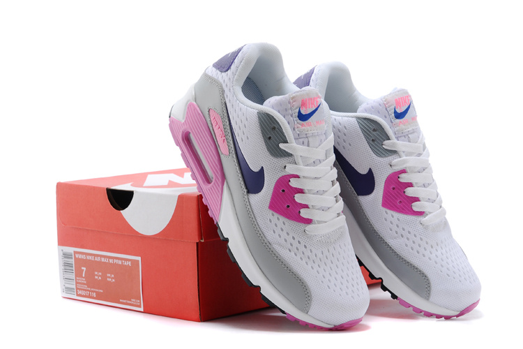 Women's Nike Air Max 90 Knit White Grey Pink Shoes - Click Image to Close