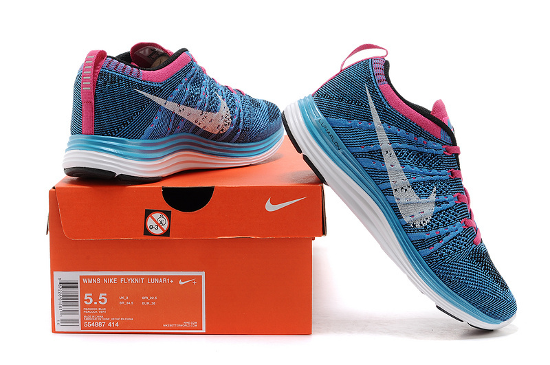 Womens Nike Flyknit Blue Red White Shoes - Click Image to Close