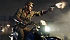 Call of Duty Modern Black Ops 6 screenshot showing Ruseell Adler firing a pistol while riding a motorcycle.